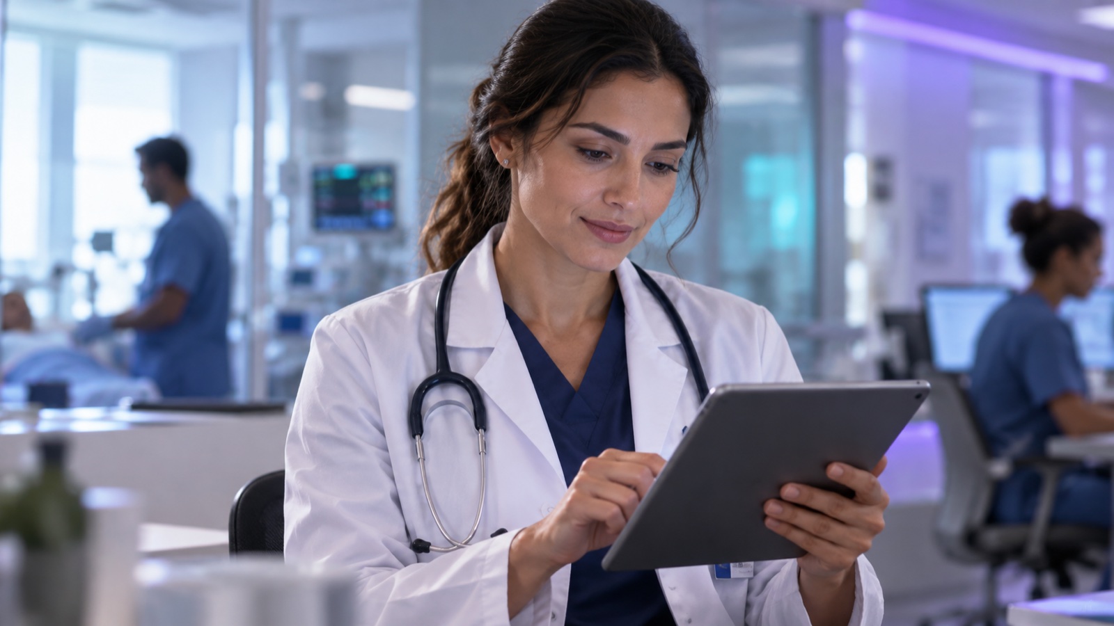 Médica analisando informações em um tablet no ambiente hospitalar.