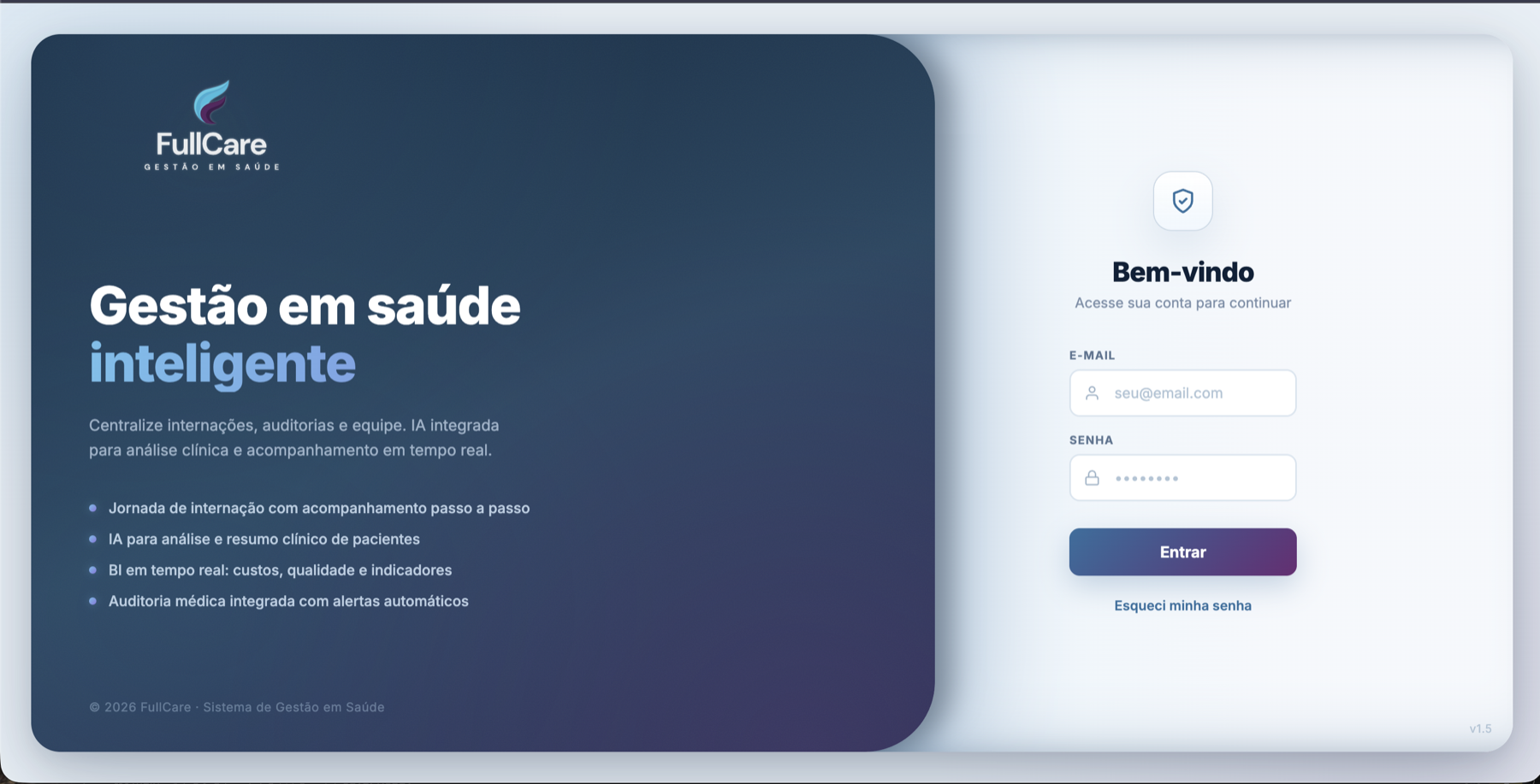 Tela de login FullCare com chamada de gestão em saúde inteligente